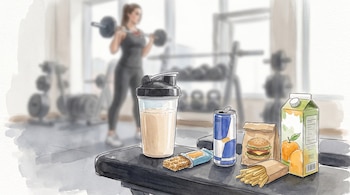 Vaso mezclador, barra de cereal, lata de bebida energética, bolsa con hamburguesa y papas fritas, y caja de jugo de frutas. Mujer levanta pesas al fondo.
