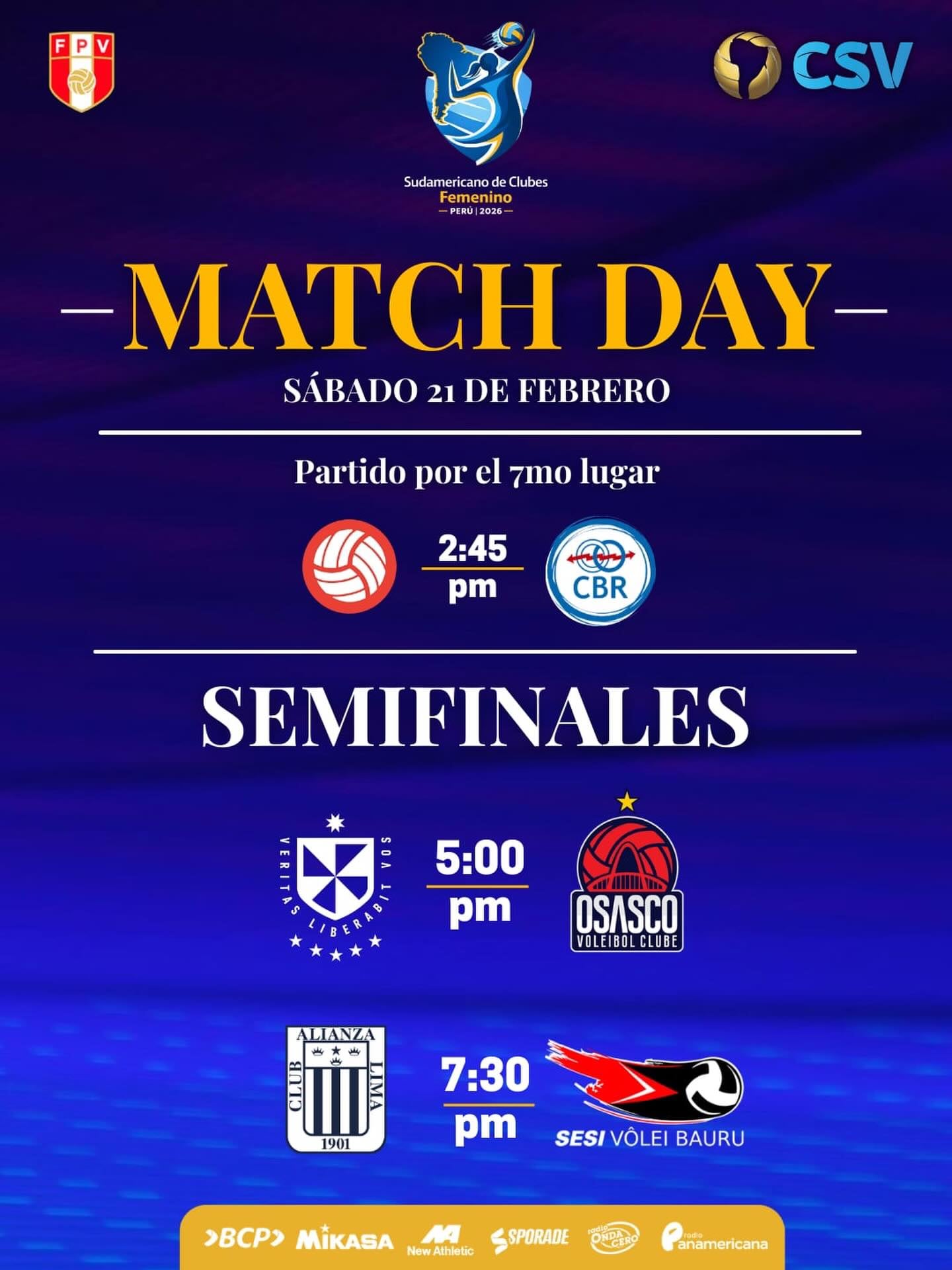 Esta imagen detalla la programación de los partidos de semifinales y por el séptimo lugar del Sudamericano de Clubes de Vóley Femenino 2026 para el sábado 21 de febrero. (FPV - Federación Peruana de Vóley)
