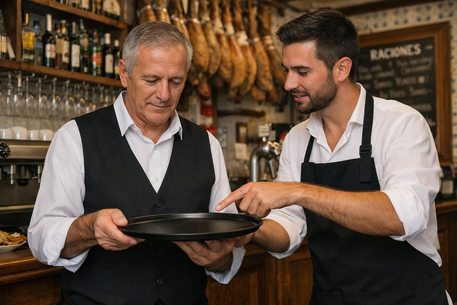 Camareros trabajando en un restaurante, uno de ellos mayor de 45 años. (Infobae España)