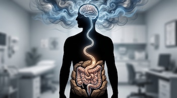 Silueta humana oscura con un cerebro y sistema digestivo internos iluminados, unidos por una conexión neuronal brillante; humo azul emerge de la cabeza.