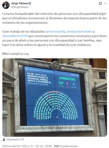 Captura de pantalla de un mensaje en redes sociales con texto y la fotografía del tablero electrónico del recinto de la Cámara de Diputados