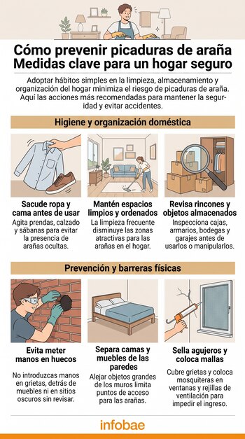 Infografía con seis ilustraciones sobre prevención de picaduras de araña, dividida en higiene doméstica y barreras físicas.