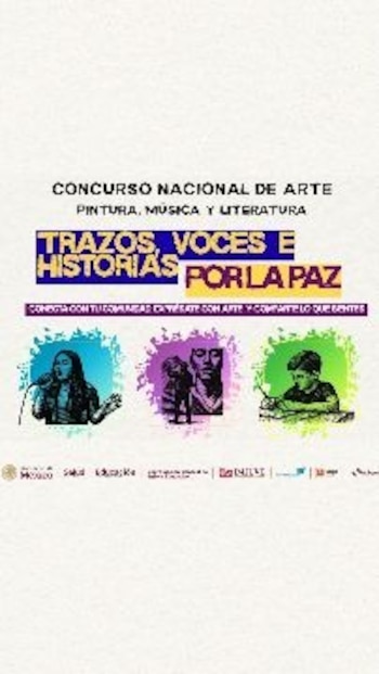 Afiche de concurso nacional de arte con texto, logos del Gobierno de México y tres ilustraciones: persona cantando, dos esculturas, y persona dibujando