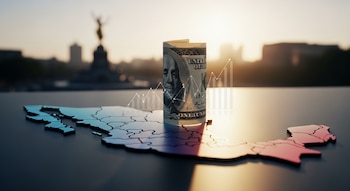 Billete de cien dólares sobre un mapa de México, con gráficos financieros transparentes y un horizonte urbano borroso al amanecer o atardecer.