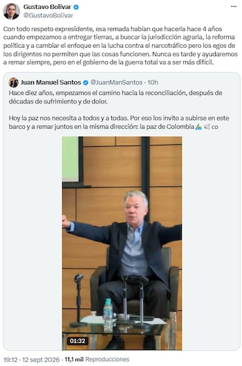 Gustavo Bolívar respaldó la paz, pero cuestionó el momento del llamado de Juan Manuel Santos - crédito @GustavoBolivar/X