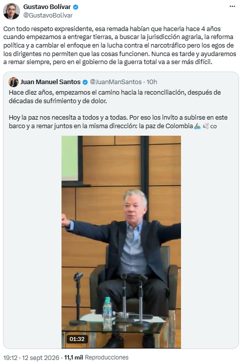 Gustavo Bolívar respaldó la paz, pero cuestionó el momento del llamado de Juan Manuel Santos - crédito @GustavoBolivar/X