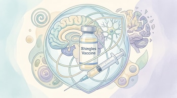 Ilustración científica en tonos pastel: cerebro, neurona, vial de vacuna contra herpes zóster y jeringa. Parte del cerebro aparece fragmentada.