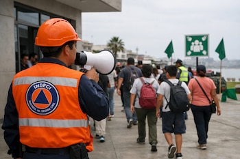Un agente de defensa civil con casco naranja y chaleco de INDECI sostiene un megáfono frente a un grupo de personas que camina hacia una señal de evacuación.