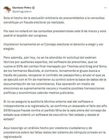 Gustavo Petro no votará en