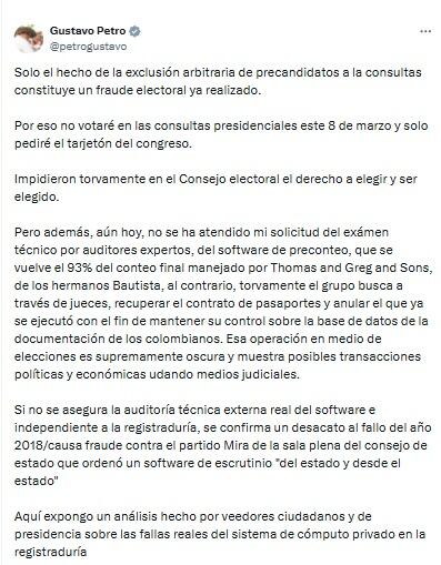 Gustavo Petro no votará en las consultas del 8 de marzo - crédito @petrogustavo/X