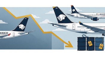 Ilustración de tres aviones de Aeroméxico volando sobre un gráfico con flecha descendente, junto a tres barriles de combustible con etiquetas de precio de 56 y 36 dólares.