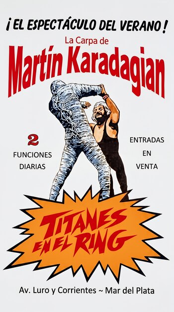 Afiche con ilustración de dos luchadores, uno con vendajes y otro con cabello canoso, junto con textos promocionales de Titanes en el Ring.
