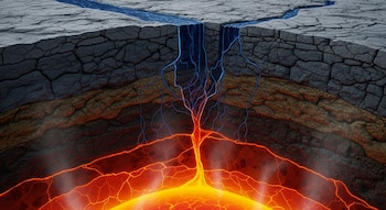 Corte transversal de capas rocosas, agua azul desciende por grietas, manto inferior con magma incandescente en tonos naranja y rojo.