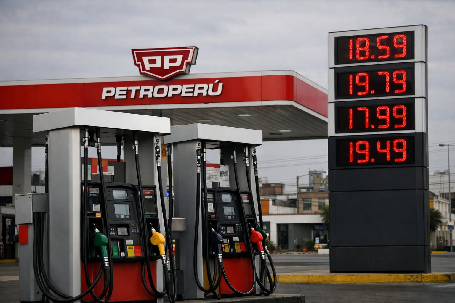 Una estación de servicio de Petroperú en Lima, Perú, exhibe altos precios de combustible en sus surtidores digitales, reflejando la actual tensión económica. (Imagen Ilustrativa Infobae)