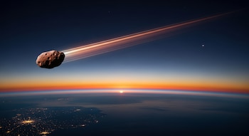 Un asteroide de superficie rocosa con un rastro luminoso surca un cielo oscuro sobre el horizonte de la Tierra al atardecer, con luces de ciudades visibles.