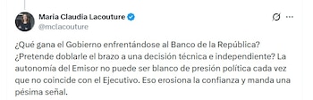 María Claudia Lacouture, presidentA ejecutiva de AmCham Colombia, lamentó el enfrentamiento y aseguró que es una mala señal - crédito @McLacouture/X