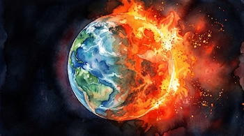 Acuarela del planeta Tierra dividido. Una mitad azul y verde con masas de tierra, la otra naranja y roja envuelta en llamas sobre un fondo negro.