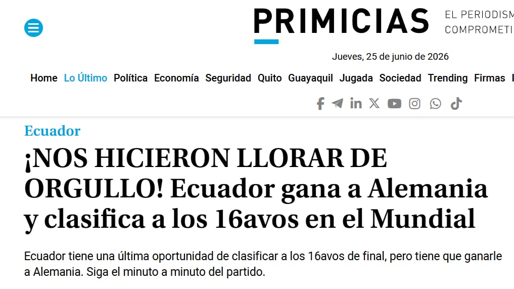 Así tituló el portal Primicias la hazaña de Ecuador