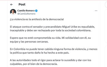 Camilo Romero calificó el atentado como un hecho “repudiable, inaceptable y que debe ser rechazado por toda la sociedad colombiana” - crédito @CamiloRomero/X