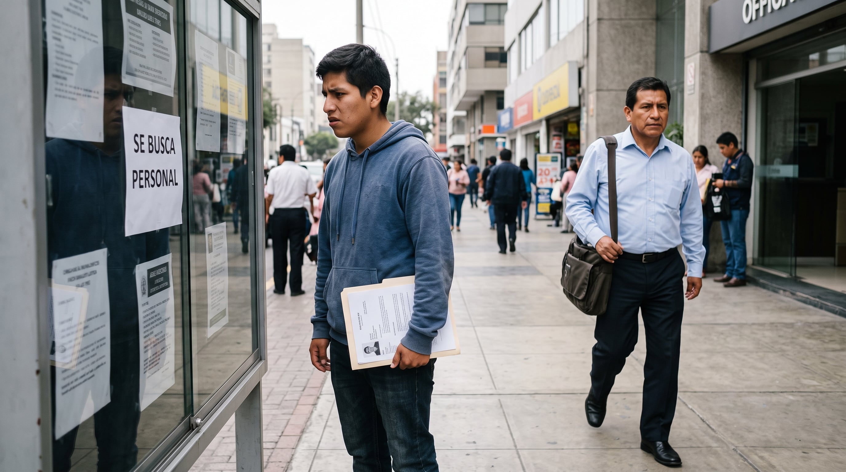 Un joven observa anuncios de trabajo con su currículum en la mano mientras un empleado camina por una calle de Lima. (Imagen Ilustrativa Infobae)