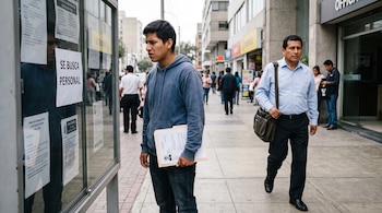 Un joven sostiene una carpeta con documentos ante una vitrina con avisos de empleo mientras un hombre en ropa formal camina por la acera.