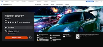 Captura de pantalla de PlayStation Store con la página de Need for Speed. Se ven dos coches deportivos, uno verde y otro rojo, en primer plano con luces urbanas de fondo