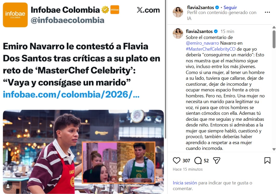 Flavia respondió a las declaraciones del cartagenero en redes luego de la emisión del capítulo - crédito @flavia2santos/IG