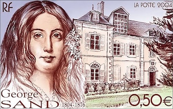 Estampilla conmemorativa, con la casa de Nogent como fondo