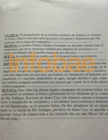 El boleto de compraventa de la propiedad de la familia Kirchner que adquirió Rudy Ulloa