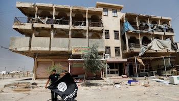 Un hombre despliega una bandera de la organización terrorista Estado Islámico en Faluya. (Reuters)