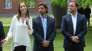 Vidal, junto al ministro de Gobierno, Federico Salvai, y el secretario de Comunicación, Federico Suárez (NA)