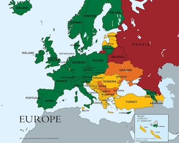 En rojo: Rusia y Bielorrusia.
