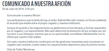 El comunicado que difundió Rayados de Monterrey