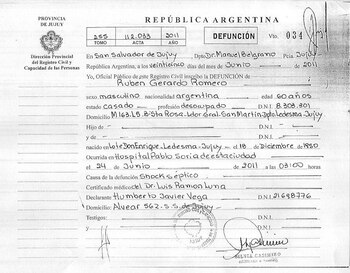 Certificado de defunción de Rubén