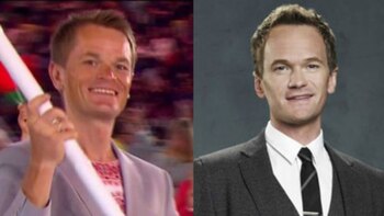 Vasil Kiryienka (abanderado de Bielorrusia) y Neil Patrick Harris (actor de How I met your mother, comedia estadounidense)