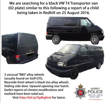 La Policía de Surrey lanzó una cacería inmediata para dar con el pequeño. Advirtió a la población y a los medios para que colaboraran. Aquí la ficha de la supuesta furgoneta desde la cual capturaron a la víctima