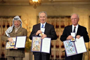 Arafat, Peres y Rabin durante