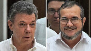Santos y Timochenko. (AFP)