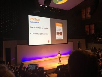 Thao Tran, del equipo de Global Product Partnerships de Google, exponiendo sobre la app de Infobae en Chrome Developer Summit 2016