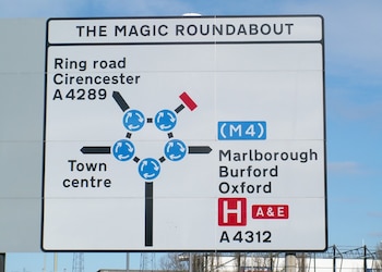 El cartel de “The Magic Roundabout”, visto desde el sur, señaliza sentidos de circulación y direcciones
