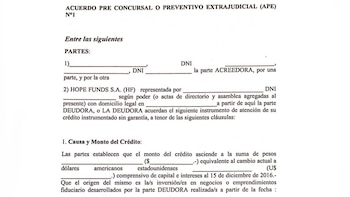 Parte del acuerdo APE que Hope Funds envía a sus acreedores.