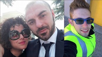 Fabio Di Lello y su esposa, Roberta Smargiassi. A la derecha, Italo D’Elisa, quien había atropellado a la mujer y fue asesinado este miércoles por el viudo