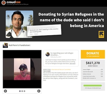 La página que creó Penn para reunir fondos para los refugiados sirios logró recaudar más de 800 mil dólares. Él solo esperaba juntar 2.500