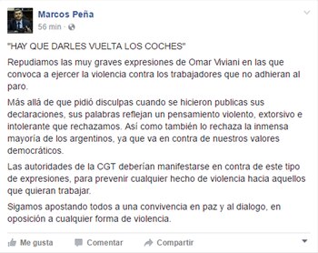 El mensaje de Marcos Peña en su cuenta de Facebook