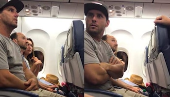 Brian Schear indignado ante el pedido de que se baje del avión con su familia.