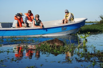Lagunas, suelos flotantes de vegetación y un bote que espera para envolverse en paisajes de otro mundo. Iberá quiere decir “agua brillante” en guaraní. Es uno de los grandes complejos de humedales de agua dulce del planeta