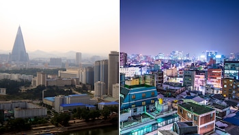Contraste entre Pyongyang (izquierda) y