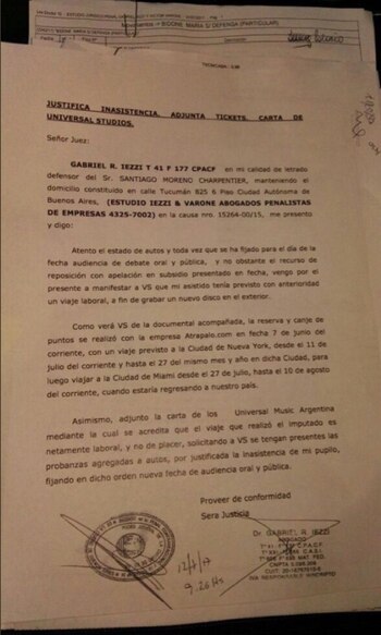 Escrito que presentó Gabriel Iezzi