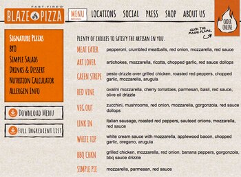 El menú de la pizzería