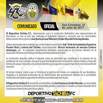 El comunicado de Deportivo Táchira